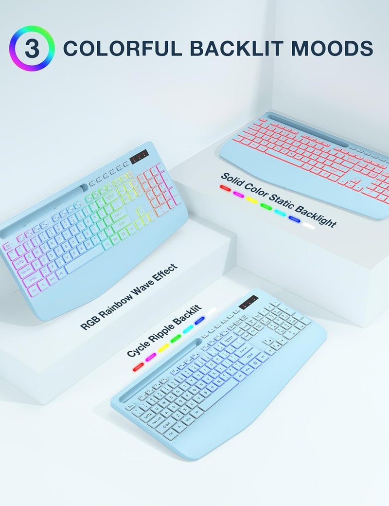 SABLUTE Wireless Keyboard and Mouse Combo, 9 Backlit Effects, Wrist Rest, Phone Holder, 2.4G Lag-Free Ergonomic Keyboards, Rechargeable Silent Cordless Set for Computer, Laptop, Mac, Windows - (Blue) - Image 2
